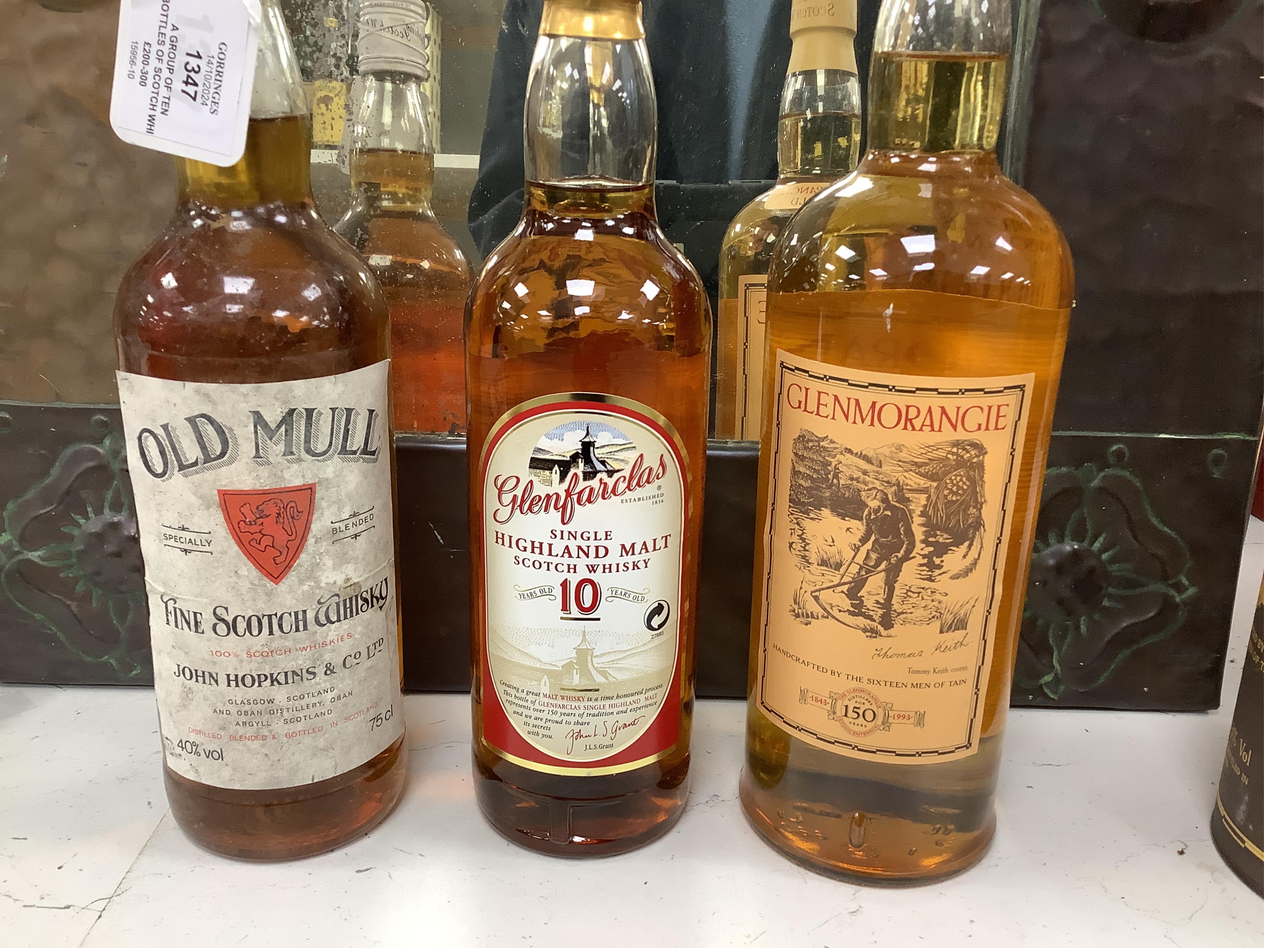 A group of ten bottles of Scotch Whisky; Glenfiddich Pure Malt Special Reserve 1 litre x2, Glenmorangie ten year 1litre, Glenlivet 12 year 70cl, Macdonalds Glencoe 8 year 70cl, The Famouse Grouse 10 year 70cl, John Hopki